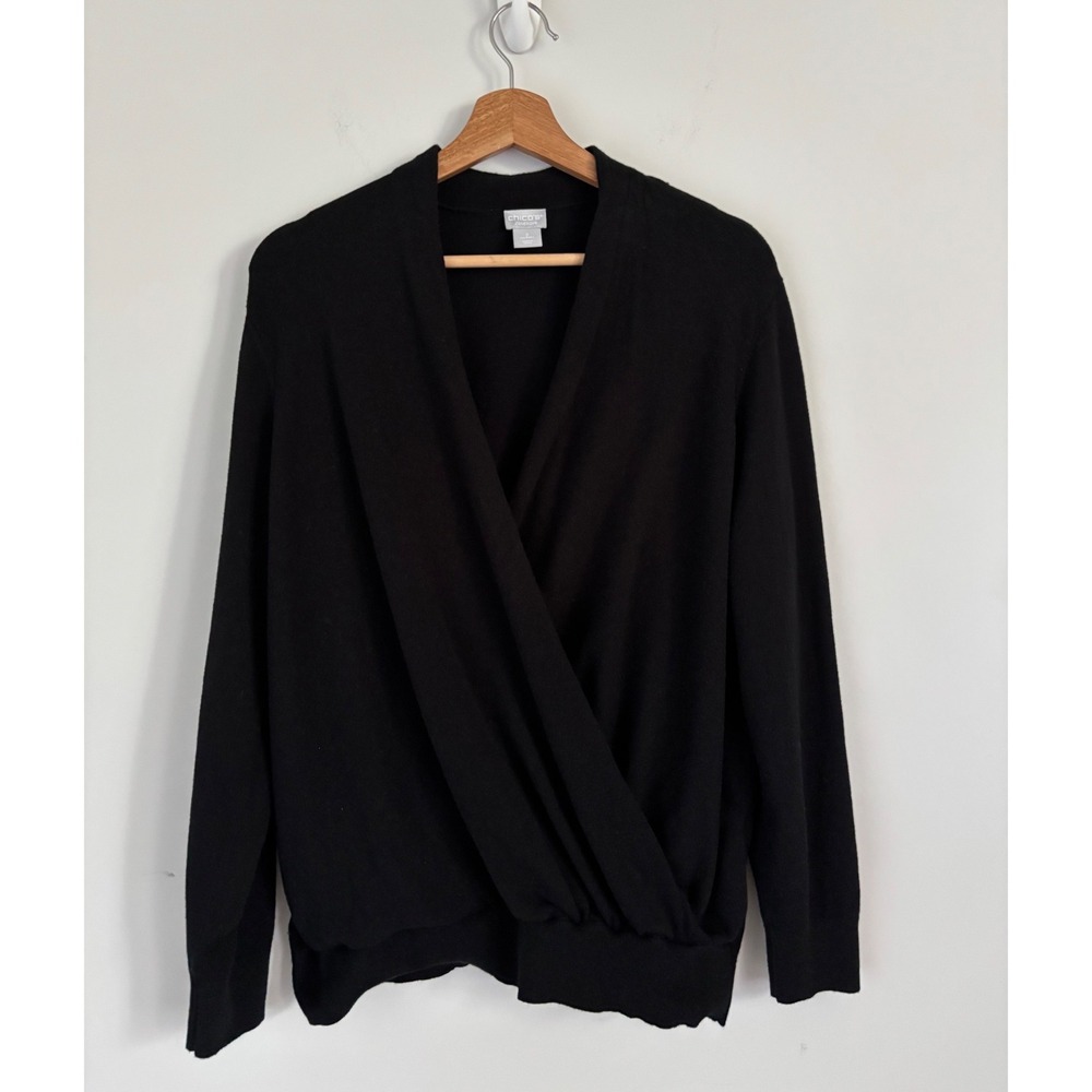 Chicos Zenergy Black Wrap Front Surplice Cashmere Blend Sweater Size 2 Large